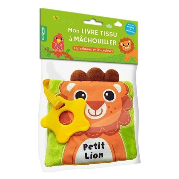 LIVRE TISSU A MÂCHOUILLER - PETIT LION (Les animaux et les couleurs)